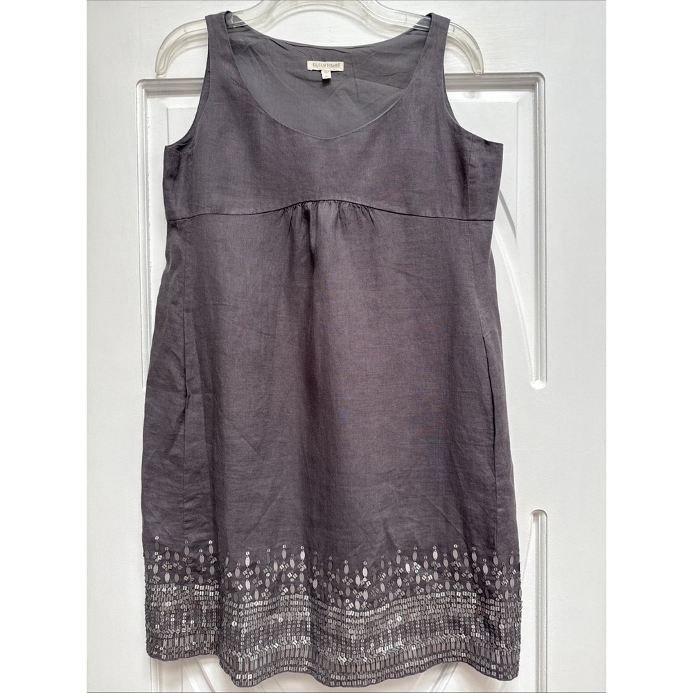 Eileen Fisher Petite Size 6P Sleeveless Dark‎ Taupe Linen Dress Beaded Hem